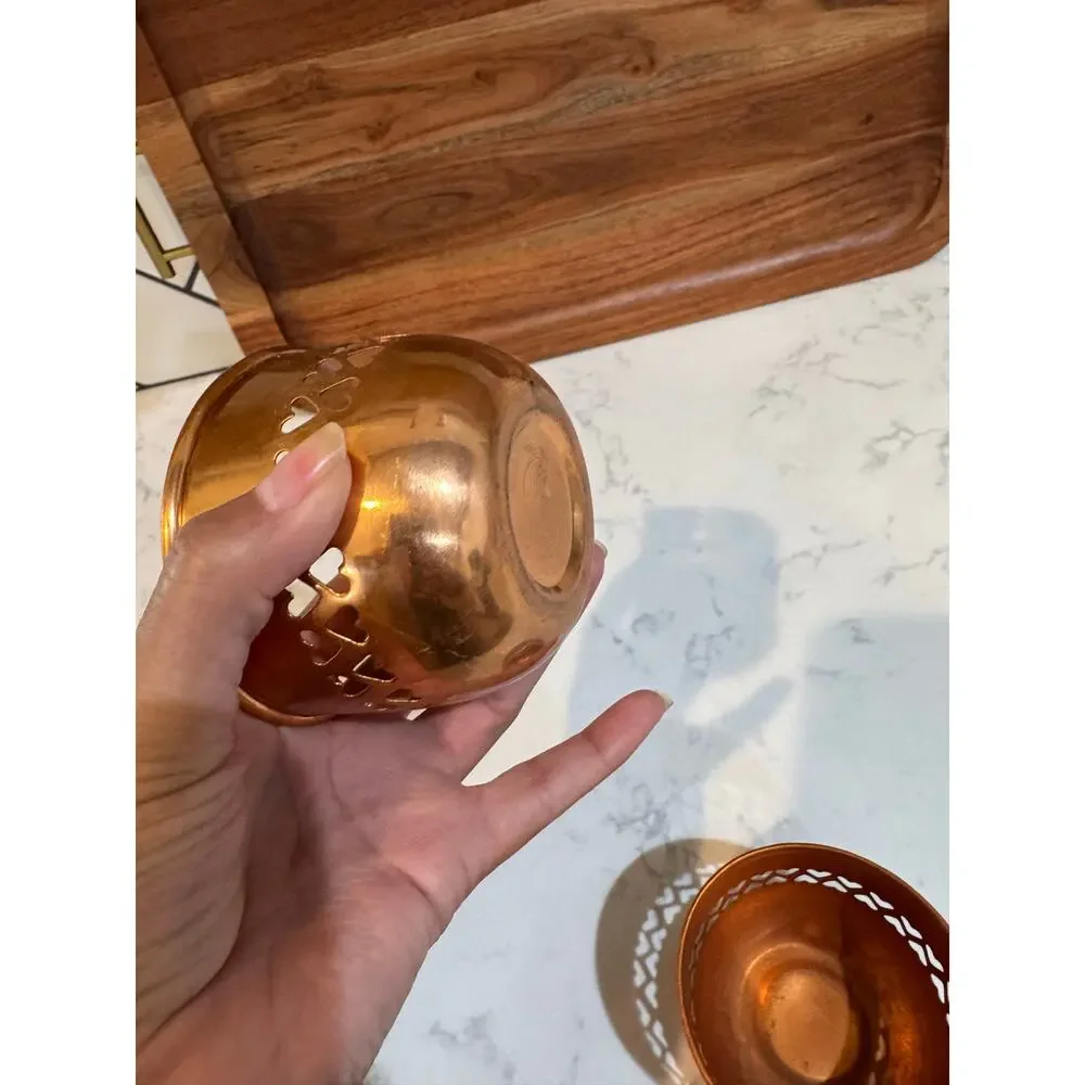 Pair of polished copper-heart cutout border 90s tea light candle holders Vintage